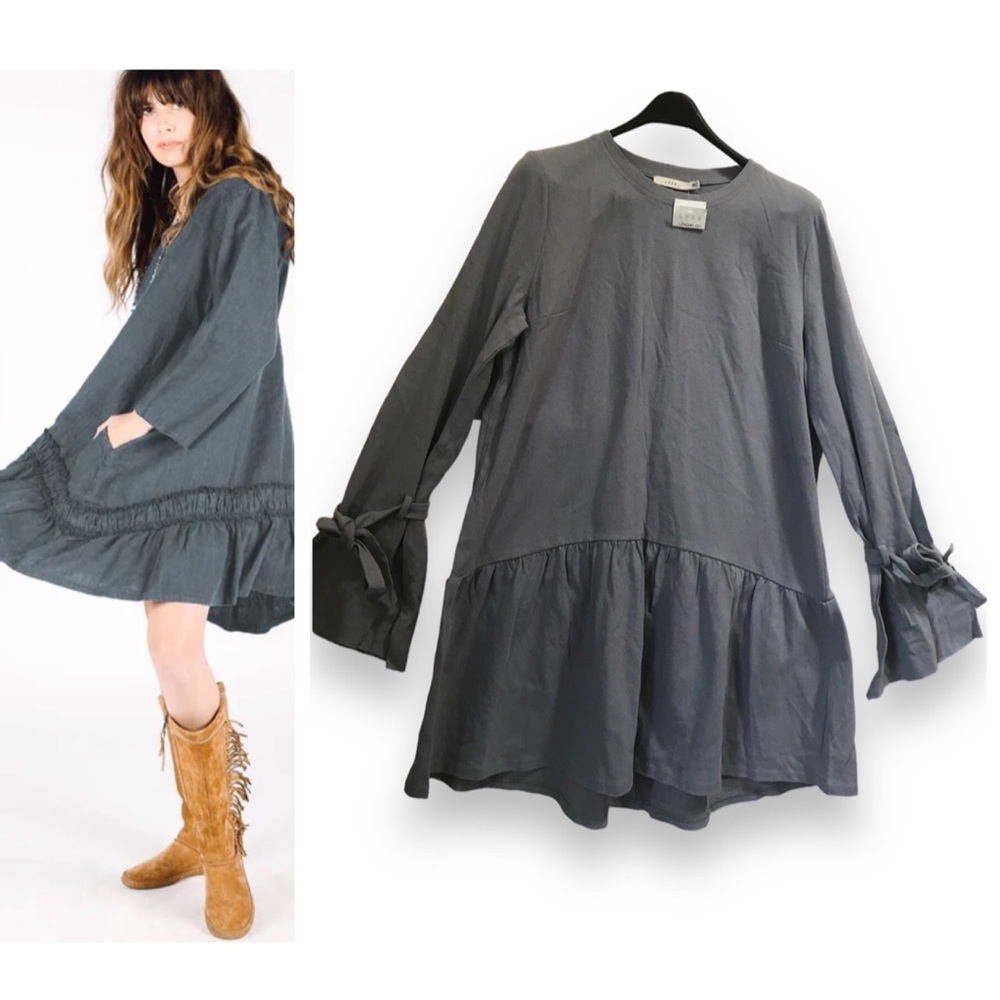 Lush NEW Flare Cotton Linen Bell Sleeves Ties Boho Festival Dress Drop Waist L